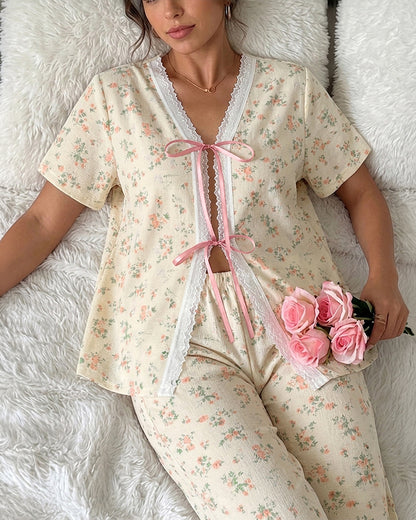 Women's 2 Piece Ditsy Floral Lace Trim Pajamas Set Tie Front Top and Wide Leg Pants Casual Loungewear
