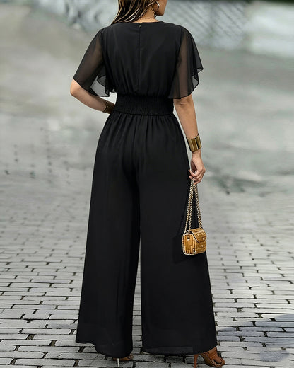Women's Overlap V Neck Jumpsuit Butterfly Sleeve Wide Leg Romper Tied Waist Shirred Back Split Leg Overalls