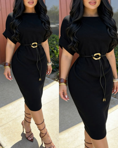 Women's Mock Neck Ribbed Knit Midi Dress Short Sleeve Turn-Up Cuffs Work Dress with Belt