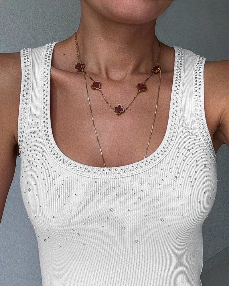 Rhinestone Decor U-Neck Sleeveless Slim Fit Ribbed Tank Top