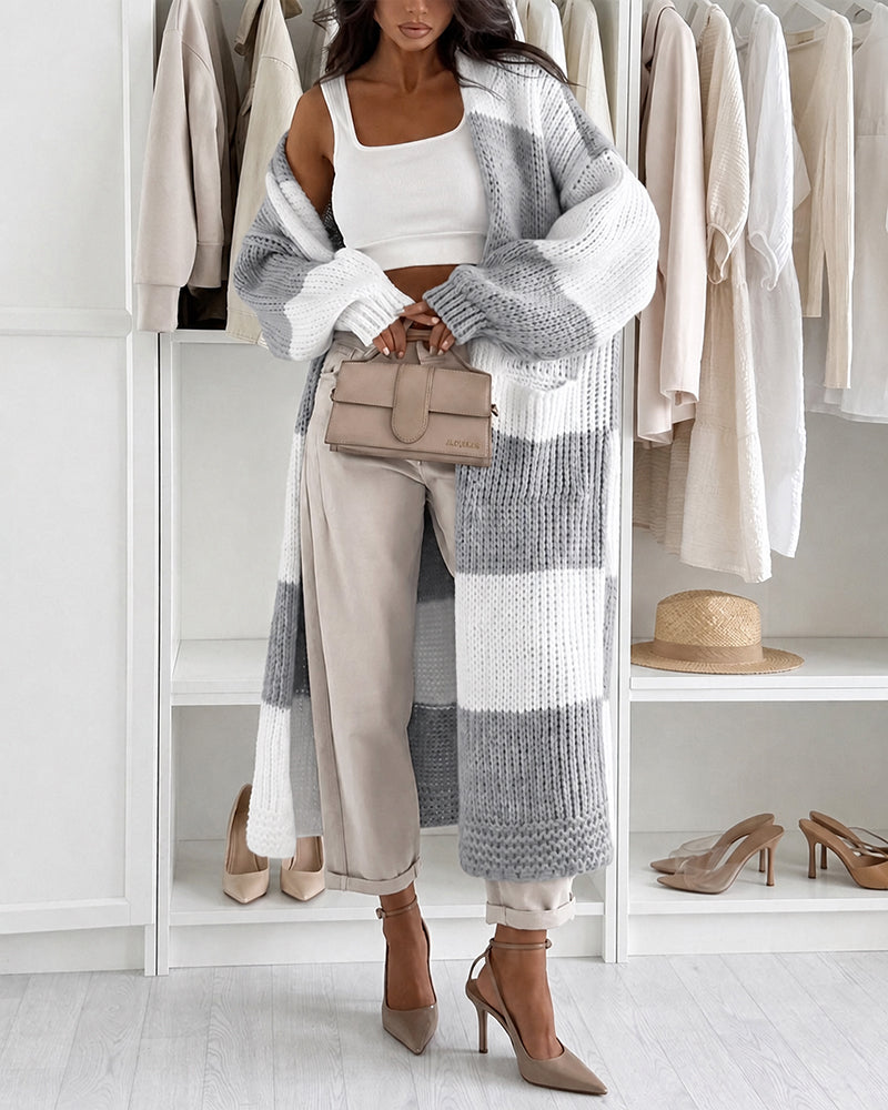 Women's Checkerboard Knit Cardigan Oversized Long Chunky Sweater Loose Lantern Sleeve Coat with Pockets