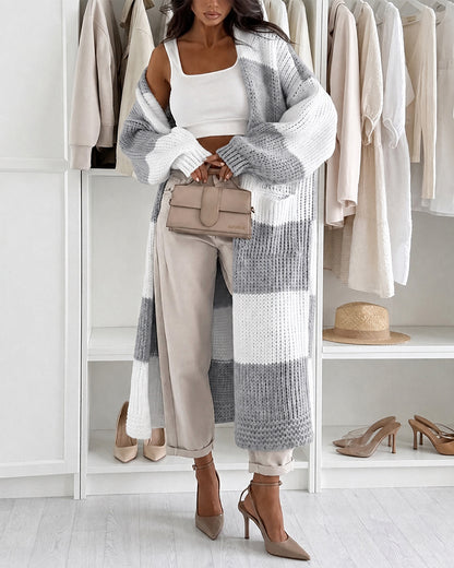 Women's Checkerboard Knit Cardigan Oversized Long Chunky Sweater Loose Lantern Sleeve Coat with Pockets