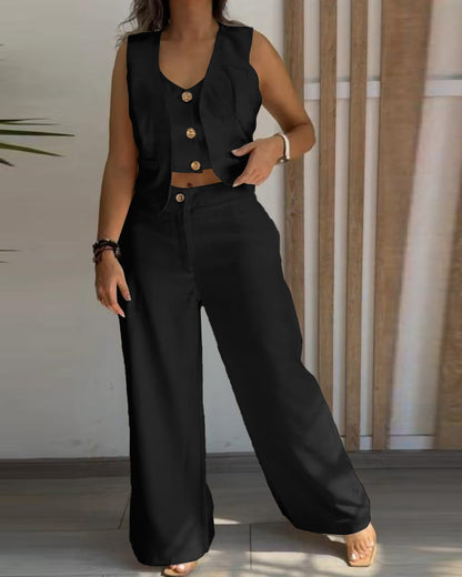 2 Pieces Outfits V Neck Sleeveless Button Front Vest Crop Top And Casual Zipper Fly Elastic Back Waist Wide Leg Pants Set