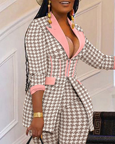 Houndstooth Print Notched Collar Zip Front Flap Detail Corset Slit Coat And Elastic Waist Slim Fit Pants Set Blazer Set
