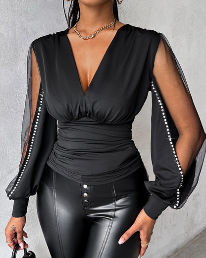 Deep V-Neck Rhinestone Decor Mesh Patchwork Lantern Sleeves Blouse Ruched Slim Fit Top