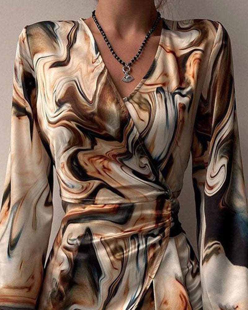 Marble Print Overlap V-Neck Wrap Front Ruched Vacation Dress Casual Cinched Waist Zipper Back Mini Dress