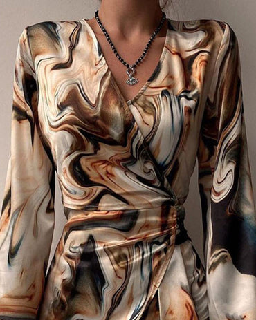 Marble Print Overlap V-Neck Wrap Front Ruched Vacation Dress Casual Cinched Waist Zipper Back Mini Dress