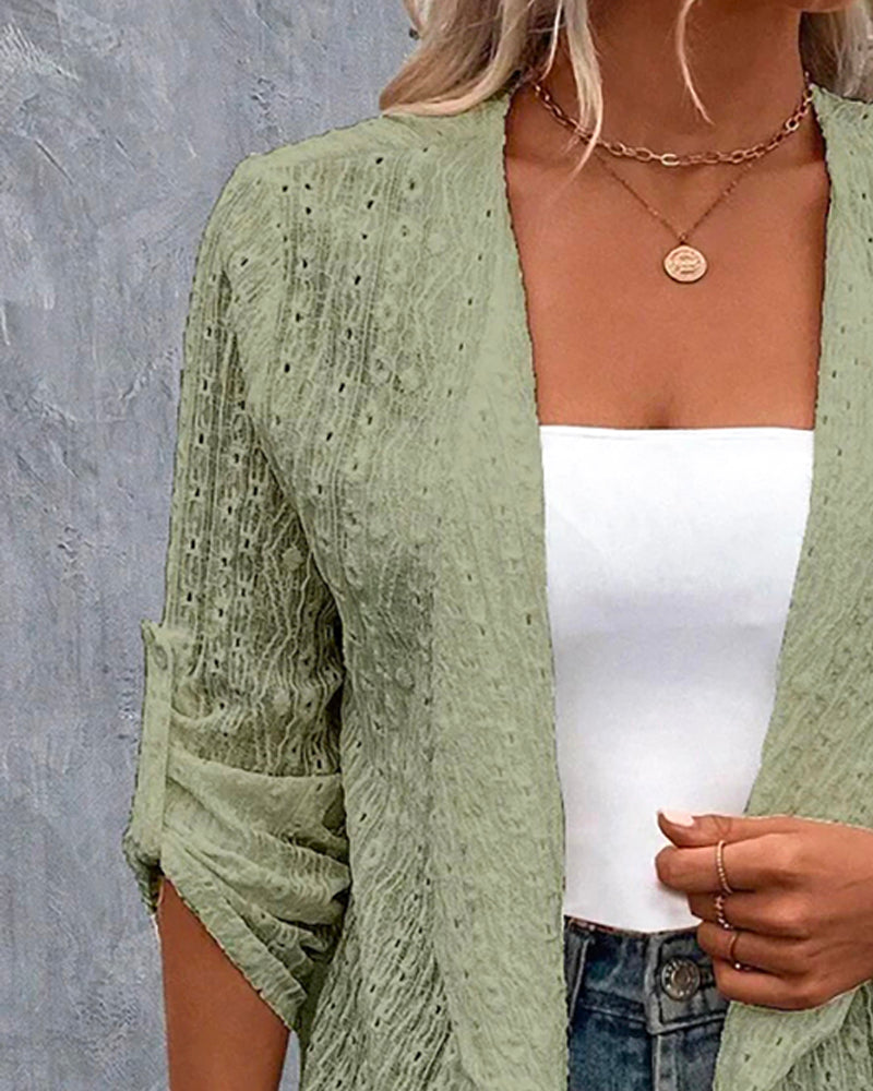 Eyelet Embroidery Turn-Up Sleeves Open Front Coat