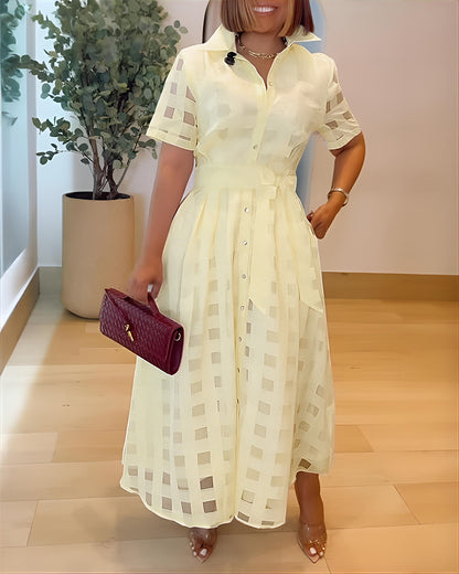 Turn Down Collar Plaid Mesh Double Layered Cinched Waist Maxi Dress Button Down Bow Tie Waist Commuting Dress