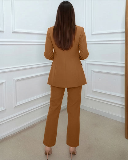 2 Pieces Outfit Metal Decor Leopard Print Spliced Shawl Collar Single Breasted Flap Detail Coat and Zipper Fly Pants Set Casual Blazer Set with Utility Belt