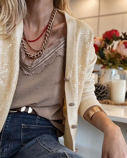Women's V-Neck Sequin Embellished Rhinestone Button Loose Knit Cardigan