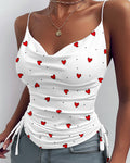 Women's Heart Polka Dot Print Cowl Neck Tank Top Side Drawstring Ruched Backless Slim Fit Cami Top