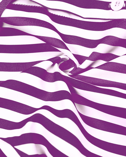 Striped Turn-down Collar Long Sleeve Dress Button Drwastring  Shirred Dress