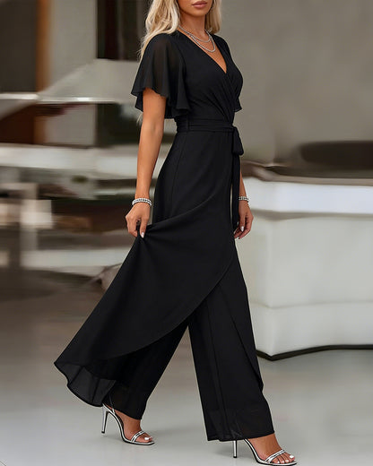 Women's Overlap V Neck Jumpsuit Butterfly Sleeve Wide Leg Romper Tied Waist Shirred Back Split Leg Overalls