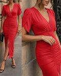 Women's Ruched V Neck Midi Dress Petal Short Sleeve Slit Party Gown Elegant Evening Dress