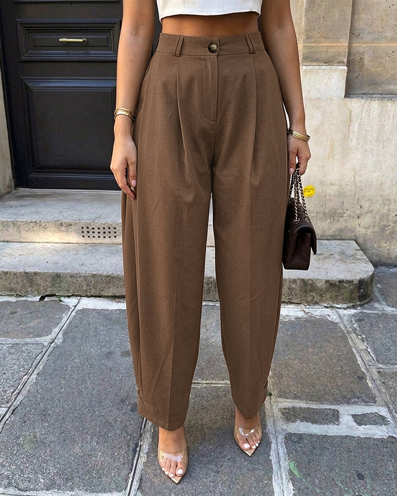 Pantalon sarouel femme taille haute à plis, poches et bas de jambes boutonnés