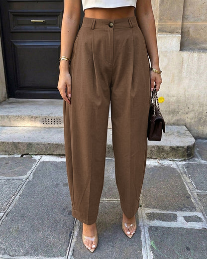 Pantalon sarouel femme taille haute à plis, poches et bas de jambes boutonnés