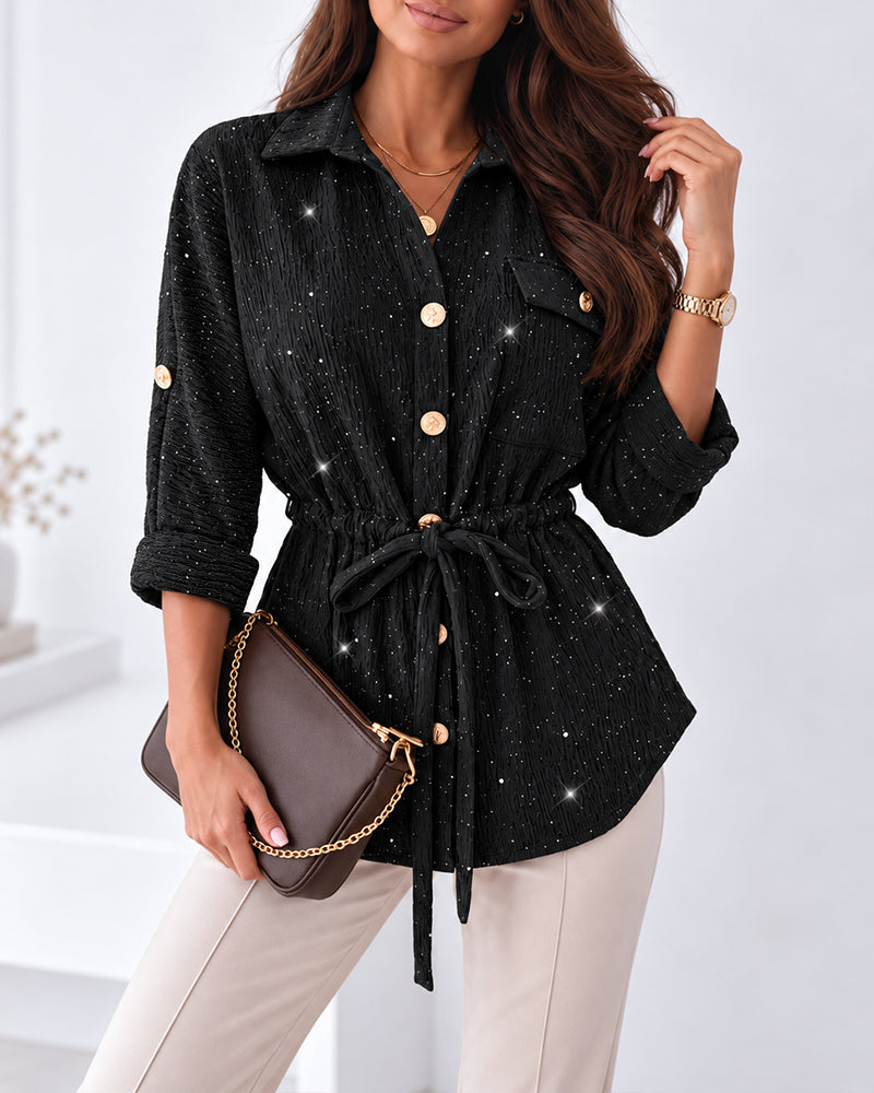 Women's Glitter Textured Drawstring Waist Roll-Up Sleeves Blouse