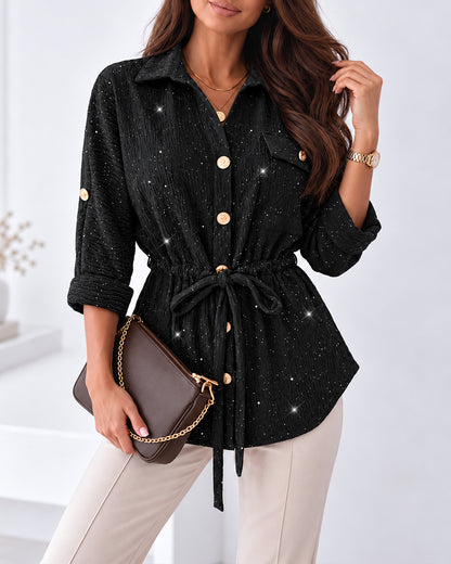 Women's Glitter Textured Drawstring Waist Roll-Up Sleeves Blouse