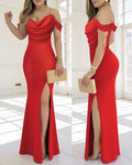 Cold Shoulder Pearls Strap Cowl Neck Evening Bodycon Dress Elegant High Slit Fishtail Maxi Dress