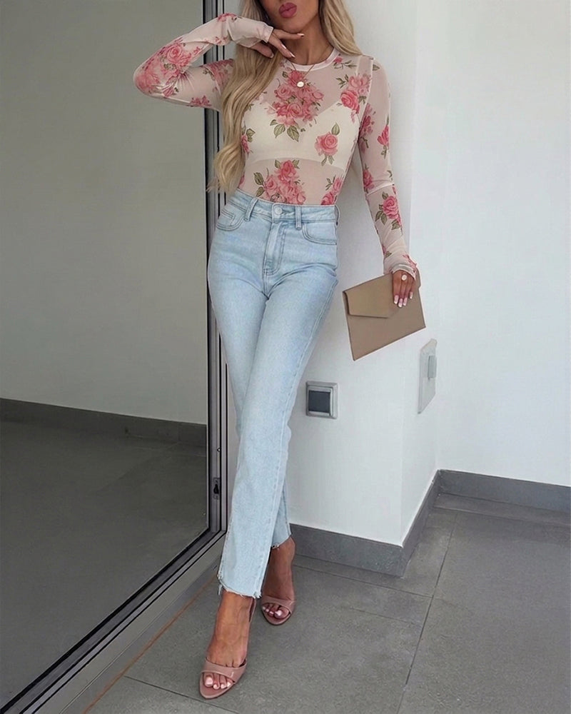 Women's Floral Mesh Long Sleeve Top Sheer O-Neck Slim Fit Blouse for Casual Streetwear & Layering