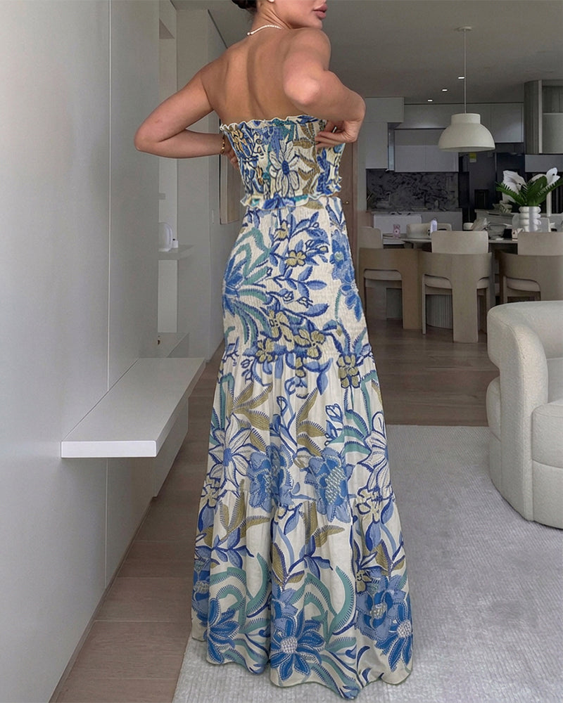 CHICME Women's Tropical Floral Bandeau Dress Sexy Drawstring Cutout Shirred Waist Mermaid Dress Ruffle Hem Vacation Maxi Dress