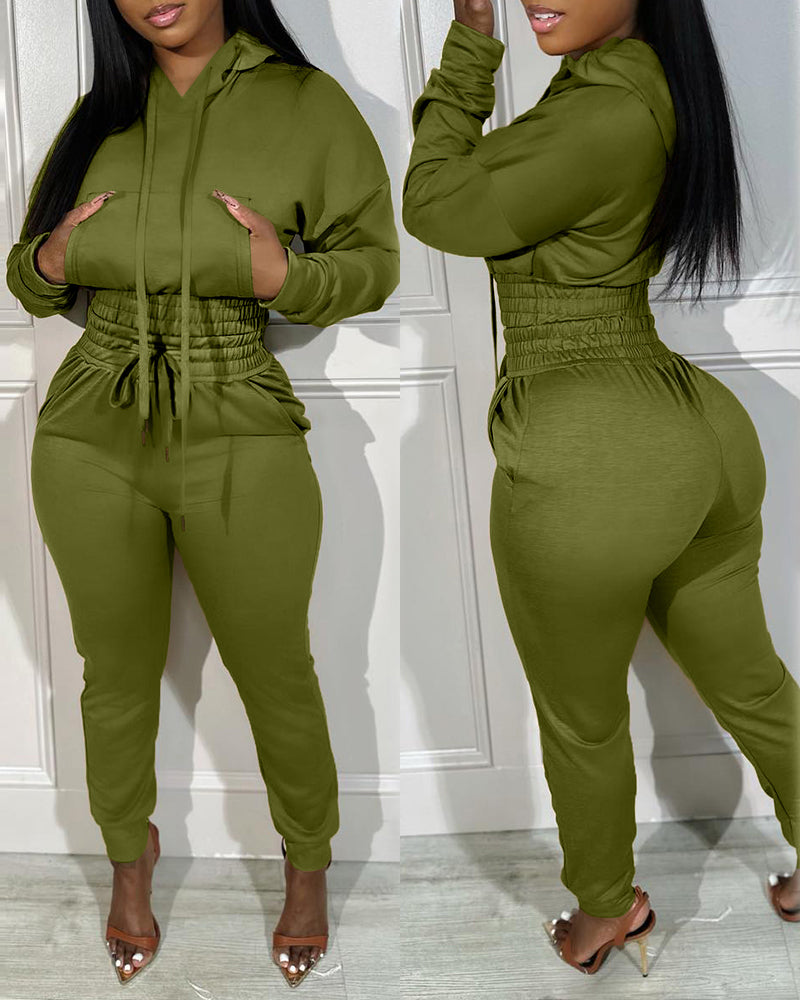 2 Pieces Outfit Drop Shoulder Kangaroo Pocket Stretchy Hem Crop Drawstring Hoodie Sweatshirt And Drawstring Elastic Waist Jogger Sweatpants Casual Tracksuit