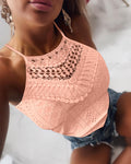 Halter Lace Up Water Soluble Lace Trim Sleeveless Tank Jacquard Casual Slim Fit Knit Top