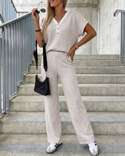Women's 2 Piece Striped Outfits V-Neck Short Sleeve Top and High Waist Wide Leg Pants Set Casual Loungewear