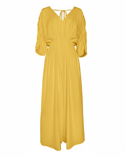 Deep V-Neck Ruched Three Quarters Sleeve Backless Overalls Casual Waist-Gathered Tied Detail Jumpsuit without Belt