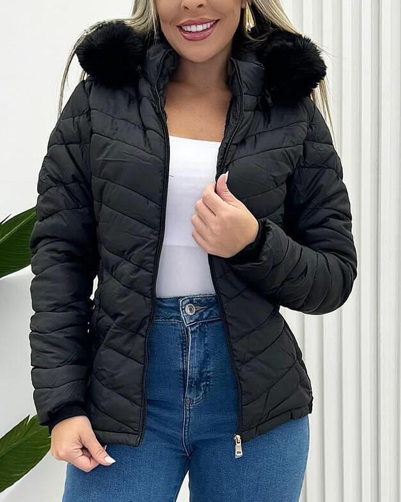 Zipper Pocket Design Shirred Fuzzy Trim Fleece Lined Hooded Puffer Jacket