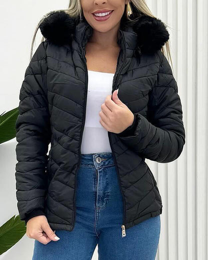 Zipper Pocket Design Shirred Fuzzy Trim Fleece Lined Hooded Puffer Jacket