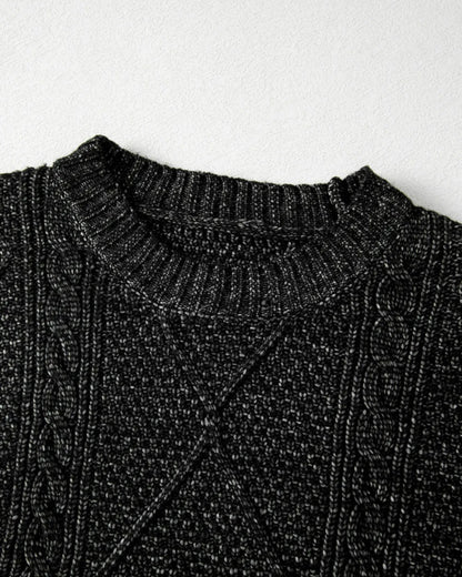 Round Neck Long Sleeve Drop Shoulder Pullover Sweater Casual Loose Fit Cable Knit Mid Length Sweater