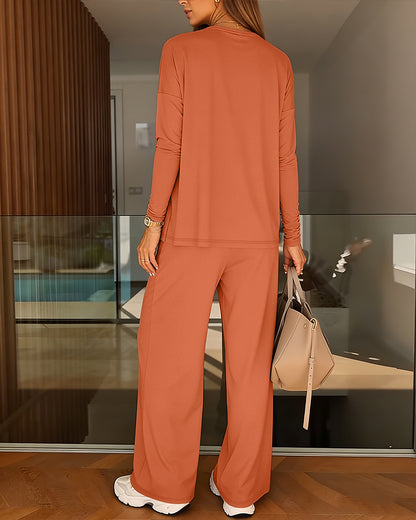 Women's 2 Piece Lounge Set Side Slit Long Sleeve Top and High Waist Wide Leg Pants Outfits with Pockets Casual Tracksuit