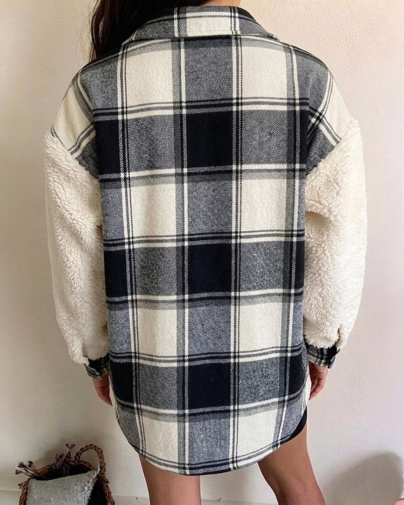 Veste polaire à carreaux pour femmes, veste décontractée à manches longues boutonnée en fausse peau de mouton