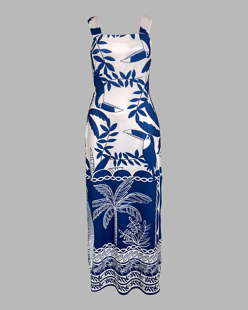 Women's Tropical Placement Print Maxi Dress Thick Strap Backless Slit Vacation Dress Slim Fit Sundress with Pockets