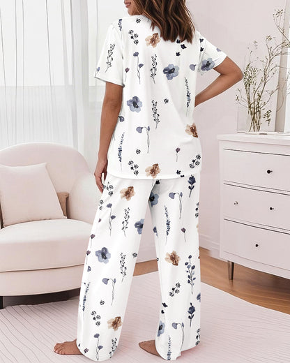 2 Pieces Outfit Round Neck Short Sleeve Top and Elastic Waist Pants Set Casual Watercolor Floral Print Pajamas Set