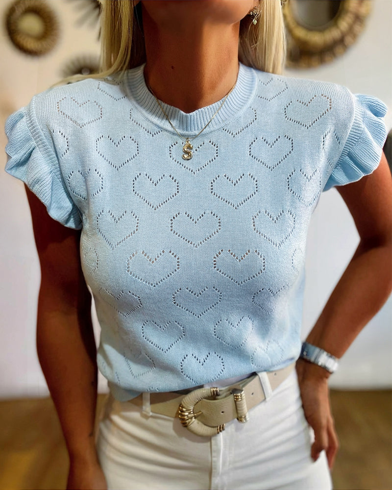 Allover Hollow-out Heart Pattern Round Neck Ruffles Short Sleeve Knit Top
