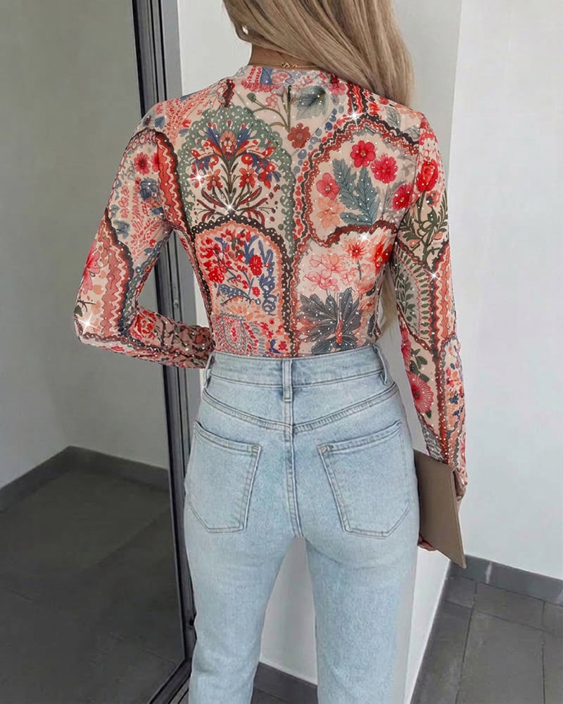 Women's Vintage Floral Rhinestone Mesh Top Slim Fit Long Sleeve Tee with Thumb Holes
