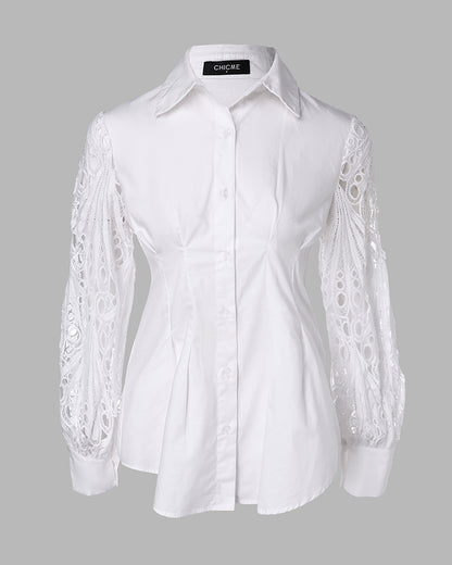 Lantern Sleeve Eyelet Embroidery Top