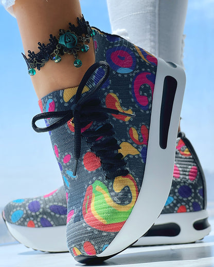 Abstract Print Side Lace-up Casual Wedge Sneakers