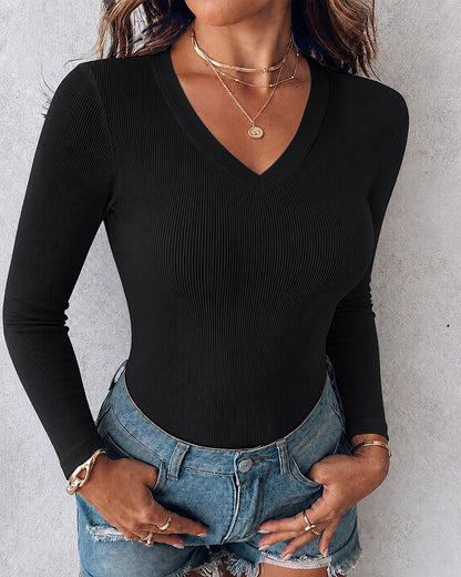 Women's V Neck Long Sleeve Ribbed Knit Top Slim Fit Base Layer Shirt Soft Stretchy Casual Tee with Built-in Bra
