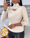 High Neck Long Sleeve Beaded Knit Sweater Hollow-out Fleece Lined Basic Layering Soft Versatile Thermal Top