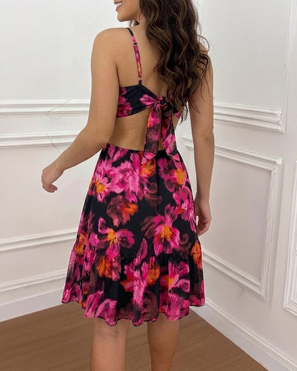 Women's Vintage Floral Print Mini Dress Sexy Sweetheart Neck Cut Out Sundress Backless Ruched A-Line Vacation Dress