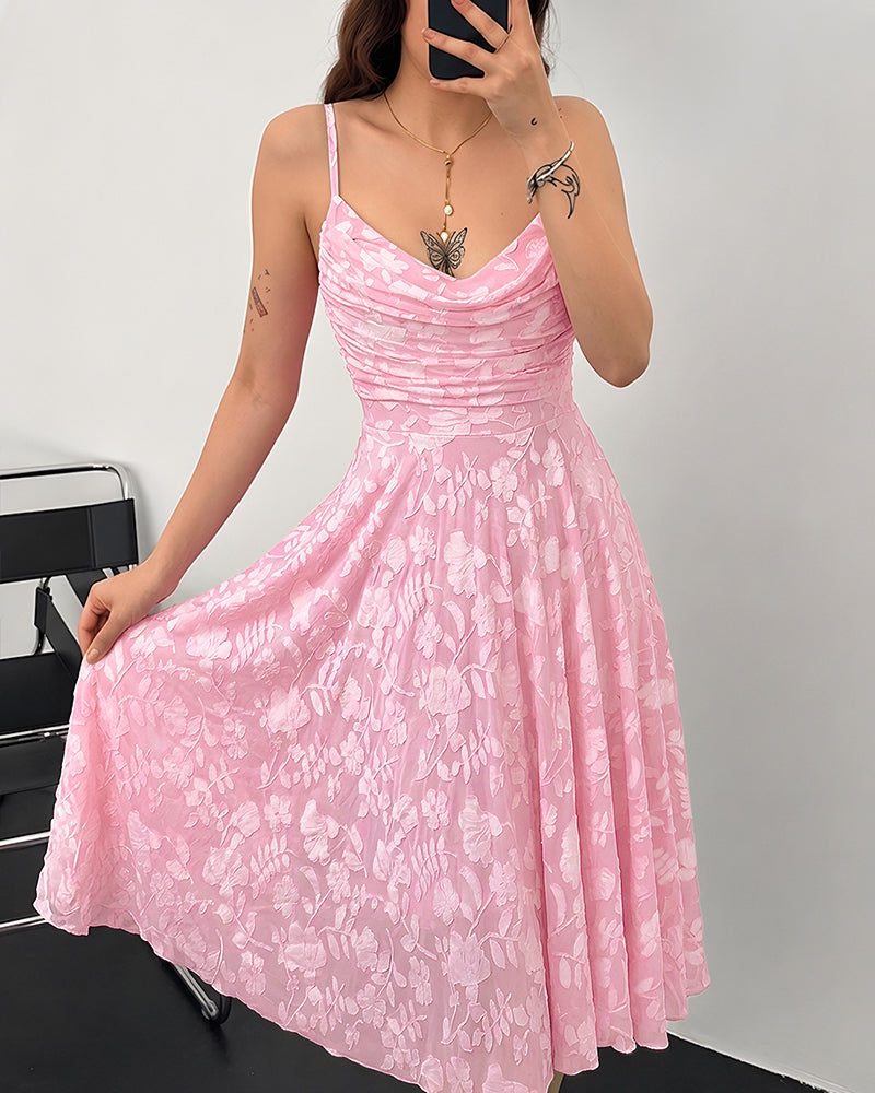 Women's Floral Jacquard Midi Dress Elegant Cowl Neck Adjustable Strap Ruched High Waisted A Line Vacation Cami Dress