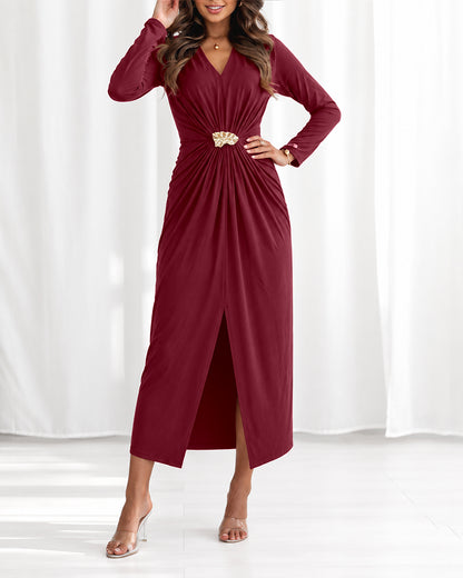 Women's Elegant V-Neck Long Sleeve Ruched Front Slit Midi Evening Dress