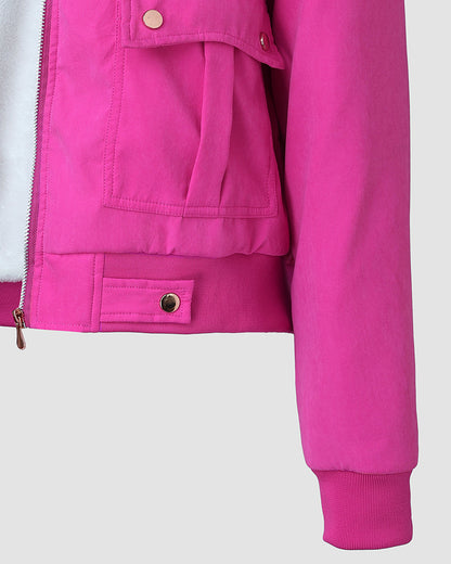 Fuzzy Trim Jacket Hooded Zip Up Fleece Lined Coat Outwear with Pockets