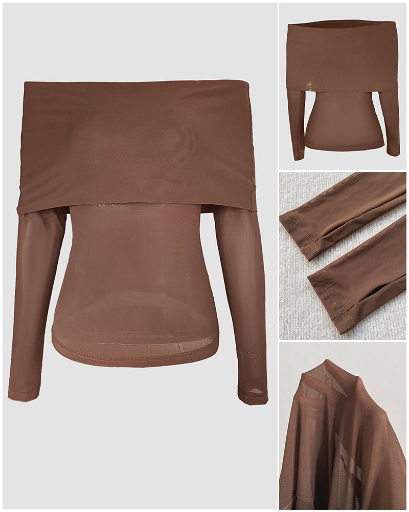 Foldover Off Shoulder Long Sleeve Mesh Top with Thumb Hole Cuffs