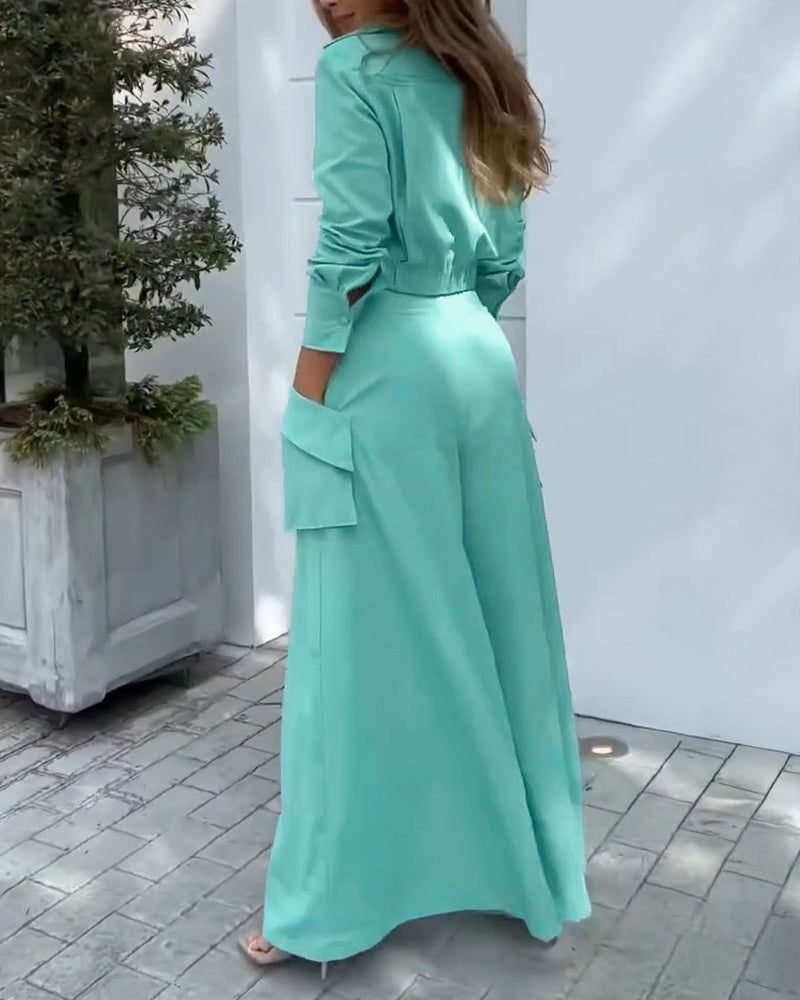 Ruched Long Sleeve Shirt & Wide Leg Asymmetrical Pants Set