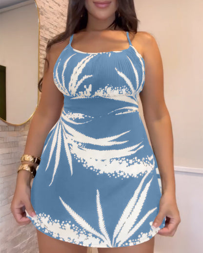 Tropical Print Cold Shoulder Spaghetti Strap Romper Ruched Backless Tied Detail Romper